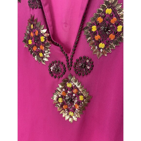 BOSTON PROPER Women’s SHEER EMBELLISHED V NECK TUNIC Top HOT PINK Sz S (flaw) - Picture 8 of 16